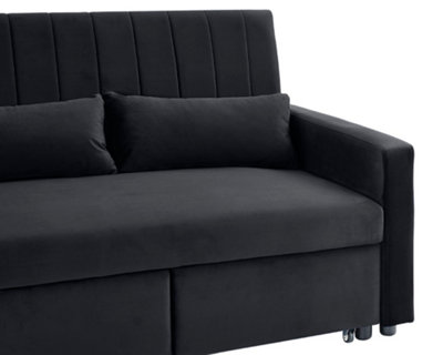 Devon 3 Seater Storage Chaise Pull Out Fabric Black Velvet Sofa bed