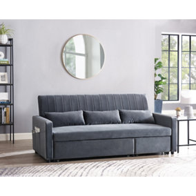 Devon 3 Seater Storage Chaise Pull Out Fabric Grey Velvet Sofa bed