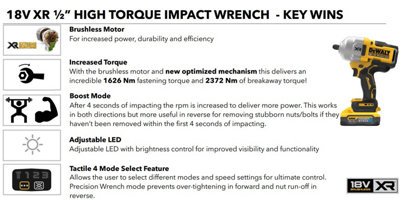Dewalt 18v DCF961N XR High Torque Impact Wrench 1/2" 1626Nm Bare + 5ah Battery