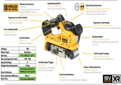 Dewalt 18v DCW220NT Cordless Brushless XR Belt Sander 75mm  + Tstak + 3 Sheets - 8
