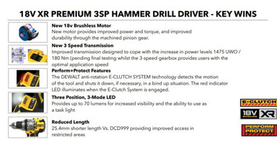 Dewalt DCD1007N-XJ 18v XR Premium 3 Speed Brushless Hammer Drill Bare ...