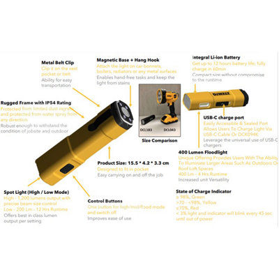 Dewalt DCL183 Rechargeable USB-C LED Flashlight Torch 3 Mode Impact Proof 200lm