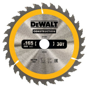 DeWALT DT1935 Construction Circular Saw Blade 165 x 20mm x 30T Nail Tough DT1167
