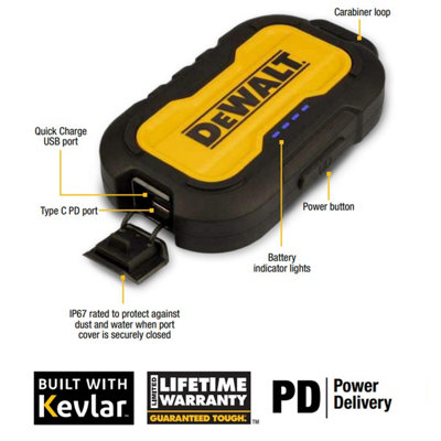 Dewalt Portable Powerbank Phone Charger 10,000mAh 2 Port IP67 Dust & WaterProof