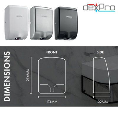 Dexpro Feisty Compact Hand Dryer: 1kW Matt Black - Stainless Steel - 3