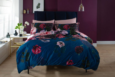 Deyongs Bold Peony Blue Luxury Velvet Duvet Set Blue