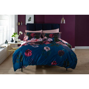 Deyongs Bold Peony Blue Luxury Velvet Duvet Set Blue