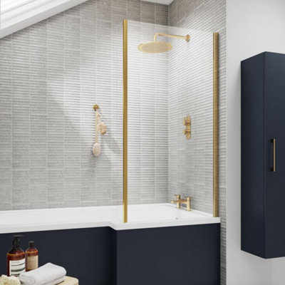 Dezine 6mm Brushed Brass L Shape Shower Bath Screen with Fixed Return Price Comparisons | Compare The Build