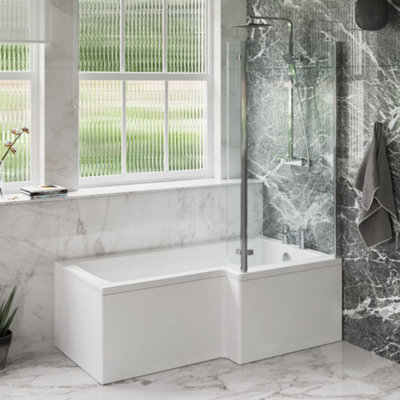 Dezine Cubo 1700 x 850mm L Shaped Right Hand Shower Bath with Panel and ...