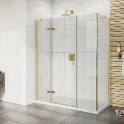 Dezine Elite Brushed Brass 1400mm Frameless 8mm Hinged Shower Door with ...
