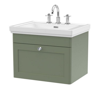 Dezine Loire 2.0 600mm Wall Hung Satin Green Vanity Unit - 3 Tap Hole Price Comparisons | Compare The Build