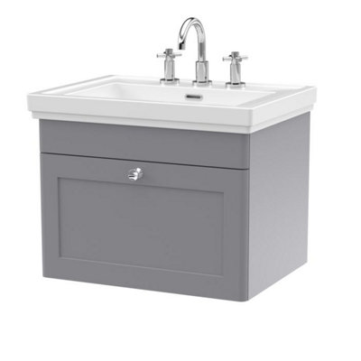 Dezine Loire 2.0 600mm Wall Hung Satin Grey Vanity Unit - 3 Tap Hole Price Comparisons | Compare The Build