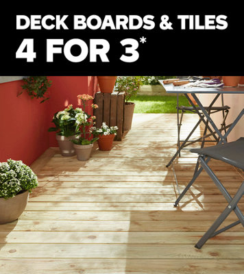 Shop 4 for 3 on selected deckboards and deck tiles. Includes GoodHome Madeira Spruce Deck Board. Terms & conditions apply, see the *Promotional terms & conditions at the end of the page.