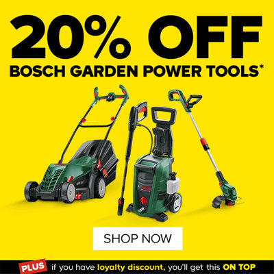 20% off selected Bosch garden power tools. Includes Bosch EasyRotak 32-215 Corded Rotary Lawnmower, Bosch EasyGrassCut 26 280W Corded Grass trimmer and Bosch UniversalAquatak 135 Corded Pressure washer 1.9kW.  Terms & conditions apply, see the *terms & conditions at the end of the page. Shop now.