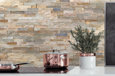 Rustic textured tile effect kitchen splashback.