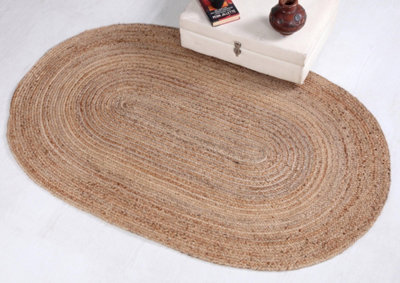 DHAKA Rustic Oval Rug Hand Woven Mat with Natural Fibre Indian Jute Flat Pile - Large Medium Small & Runner Neutral Floor Covering