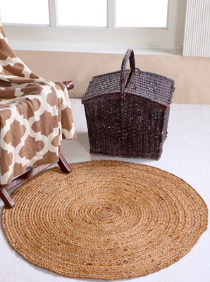 DHAKA Rustic Round Rug Hand Woven Mat with Natural Fibre Indian Jute Flat Pile - Extra Large Floor Covering