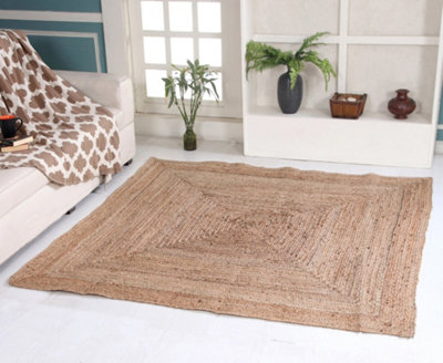 DHAKA Rustic Square Rug Hand Woven Mat with Natural Fibre Indian Jute Flat Pile - Large Floor Covering