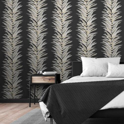 Dhara Leaf Wallpaper Muriva Black/Gold 191504 Abstract Leafy Stripes Metallic