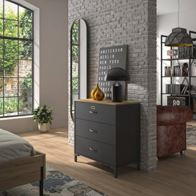 Diagone Oak &Black 3-drawer Chest Of Drawers MANCHESTER