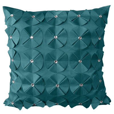 Diamante Studded 3D Petal Design Faux Silk Cushion, Luxurious