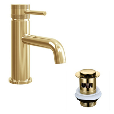 Diamond Cut Brushed Brass Basin Mixer Tap & Basin Waste