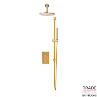 Diamond Cut Brushed Brass Round Concealed Thermostatic Shower Pack inc Riser Kit