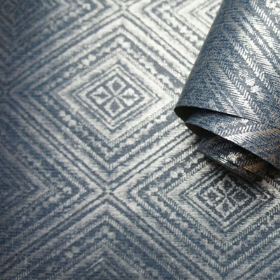 Diamond Metallic Geometric Aztec Pattern Navy Blue Silver Holden Decor Wallpaper