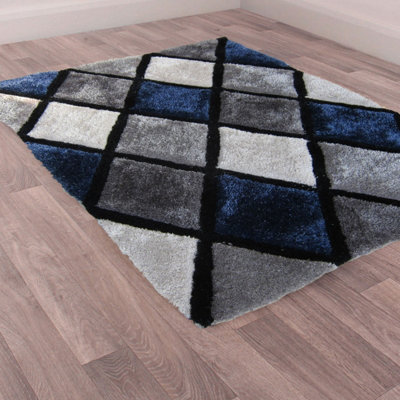 Diamond Navy Shaggy Optical Geometric Sparkle Modern Rug for Living Room and Bedroom-120cm X 170cm
