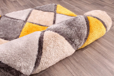 Diamond Ochre Shaggy Geometric Optical Modern Sparkle Rug for Living Room and Bedroom-120cm X 170cm - 5