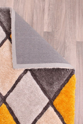 Diamond Ochre Shaggy Geometric Optical Modern Sparkle Rug for Living Room and Bedroom-120cm X 170cm - 6