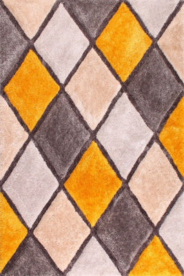 Diamond Ochre Shaggy Geometric Optical Modern Sparkle Rug for Living Room and Bedroom-120cm X 170cm - 7