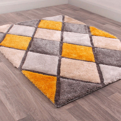 Diamond Ochre Shaggy Geometric Optical Modern Sparkle Rug for Living Room and Bedroom-160cm X 225cm