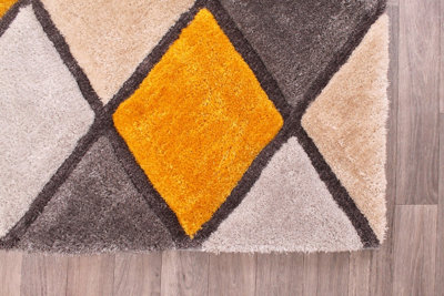 Diamond Ochre Shaggy Geometric Optical Modern Sparkle Rug for Living Room and Bedroom-80cm X 150cm