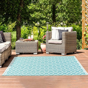 Diamond Pattern Garden Patio Rug - Weatherproof, Mould & Mildew Resistant Indoor Outdoor Mat - Teal, Measures 150 x 230cm
