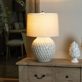 Diamond Relief Table Lamp Ceramic French Country Style Desk Lamp with Linen Shade Bedside Table Night Light Home Table Lamp