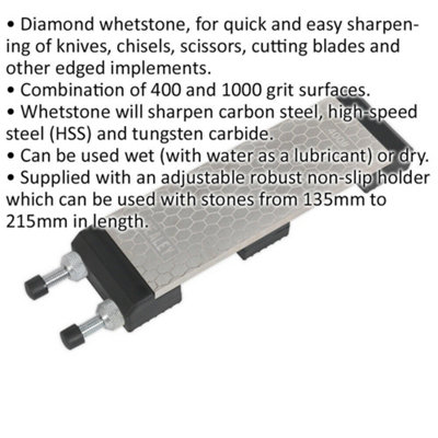 Diamond Sharpening Whetstone - Adjustable Stone Holder - 400 & 1000 Grit Surface