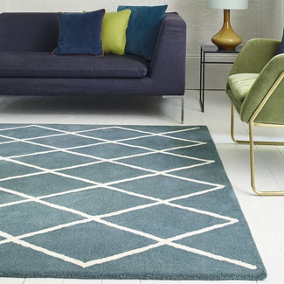 Diamond Teal Wool Chequered Geometric Luxurious Modern Handmade Rug for Living Room and Bedroom-120cm X 170cm
