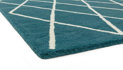 Diamond Teal Wool Chequered Geometric Luxurious Modern Handmade Rug for ...