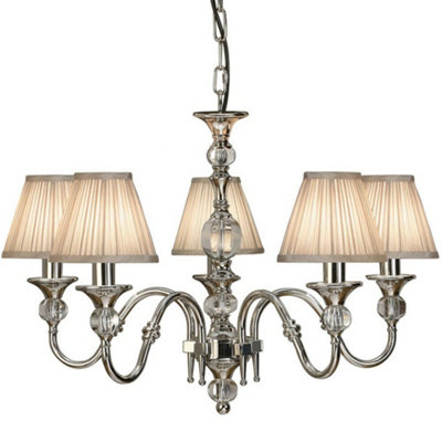 Diana Ceiling Pendant Chandelier Bright Nickel & Beige Pleat Shade 5 Lamp Light