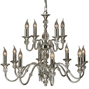 Diana Ceiling Pendant Chandelier Bright Nickel & K9 Crystal Curved 12 Lamp Light