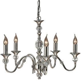 Diana Ceiling Pendant Chandelier Bright Nickel & K9 Crystal Curved 5 Lamp Light