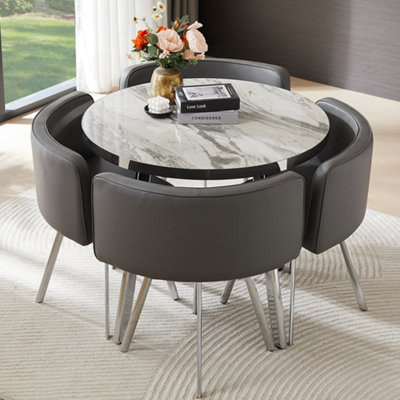 Diego Filo Marble Effect Gloss Dining Table With 4 Grey Chairs