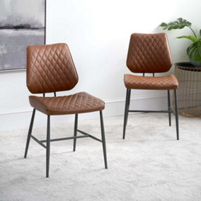 Digby Dining Chair - Tan Faux Leather (Set of 2) Traditional Chairs Pair with Diamond Stitched Back and Seat and Metal Legs