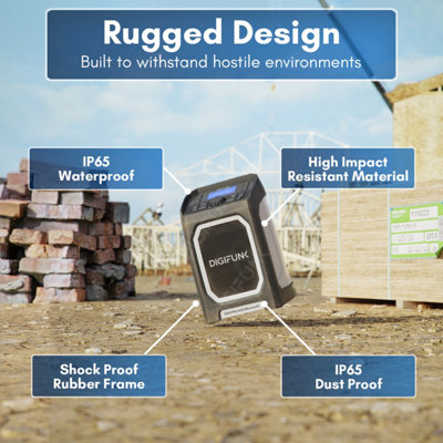 DigiFunk Work Site Radio, USB Rechargeable, DAB+, DAB, FM, Bluetooth, AUX Input, IP65 Waterproof