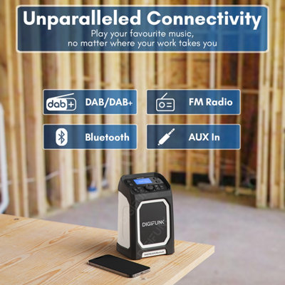 DigiFunk Work Site Radio, USB Rechargeable, DAB+, DAB, FM, Bluetooth, AUX Input, IP65 Waterproof