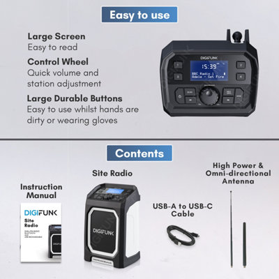 DigiFunk Work Site Radio, USB Rechargeable, DAB+, DAB, FM, Bluetooth, AUX Input, IP65 Waterproof