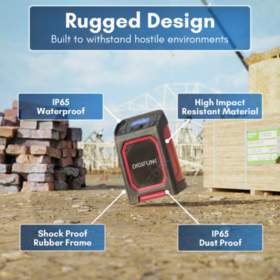 DigiFunk Work Site Radio, USB Rechargeable, DAB+, DAB, FM, Bluetooth, AUX Input, IP65 Waterproof