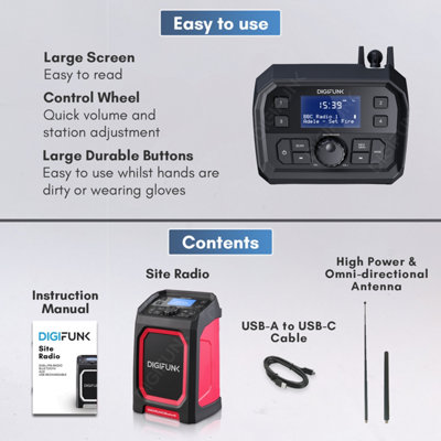 DigiFunk Work Site Radio, USB Rechargeable, DAB+, DAB, FM, Bluetooth, AUX Input, IP65 Waterproof
