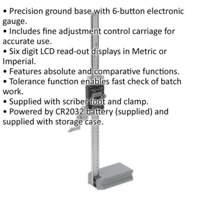 Digital Height Gauge - 0mm to 300mm - LCD Read-out Display - Metric & Imperial